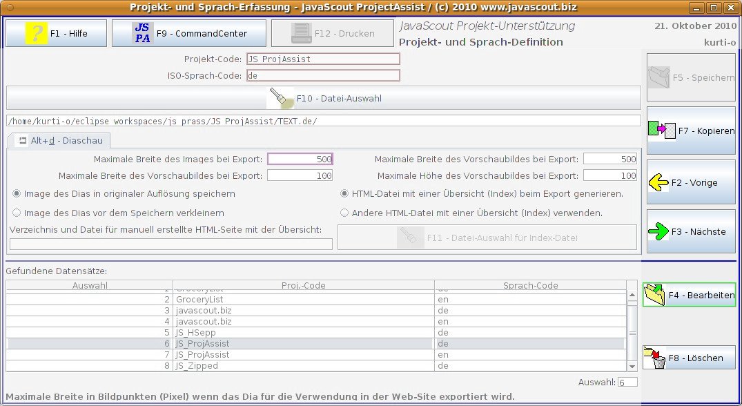Task-Frame für die Verwaltung von Projekt und Sprache