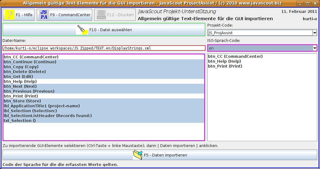 Task-Frame für das Importieren von allgemeinen gültigen Text-Elementen für die GUI