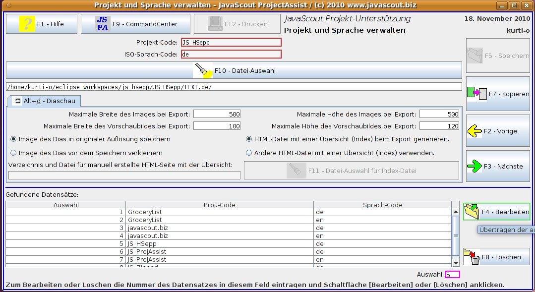 Task-Frame für die Verwaltung von Projekt und Sprache